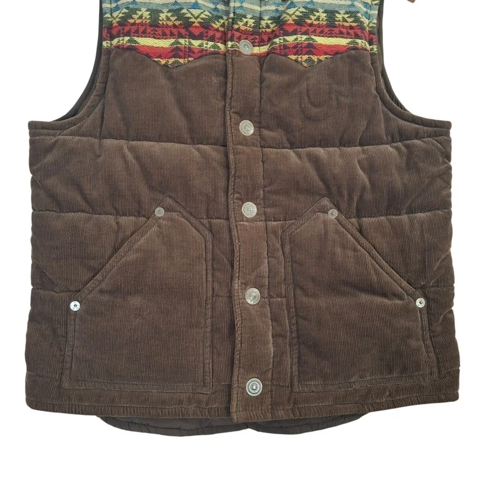 True Religion Corduroy Puffer Vest Men's Medium M Brown Aztec Serape Yoke Y2K